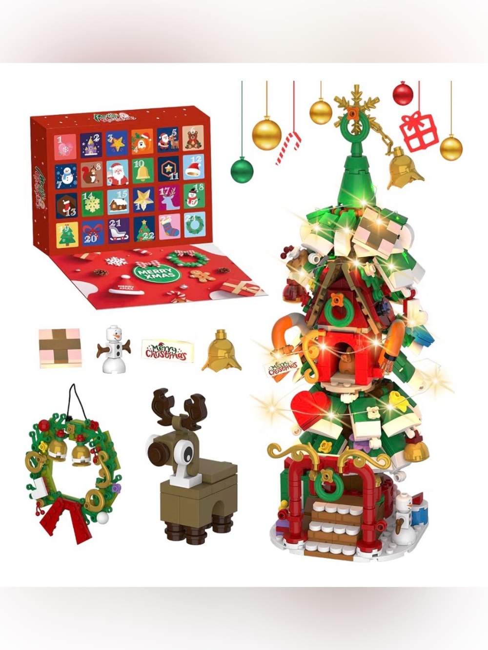 🔥Advent Calendar Christmas Tree Building Set w/LED lights, Wreath, & Reindeer